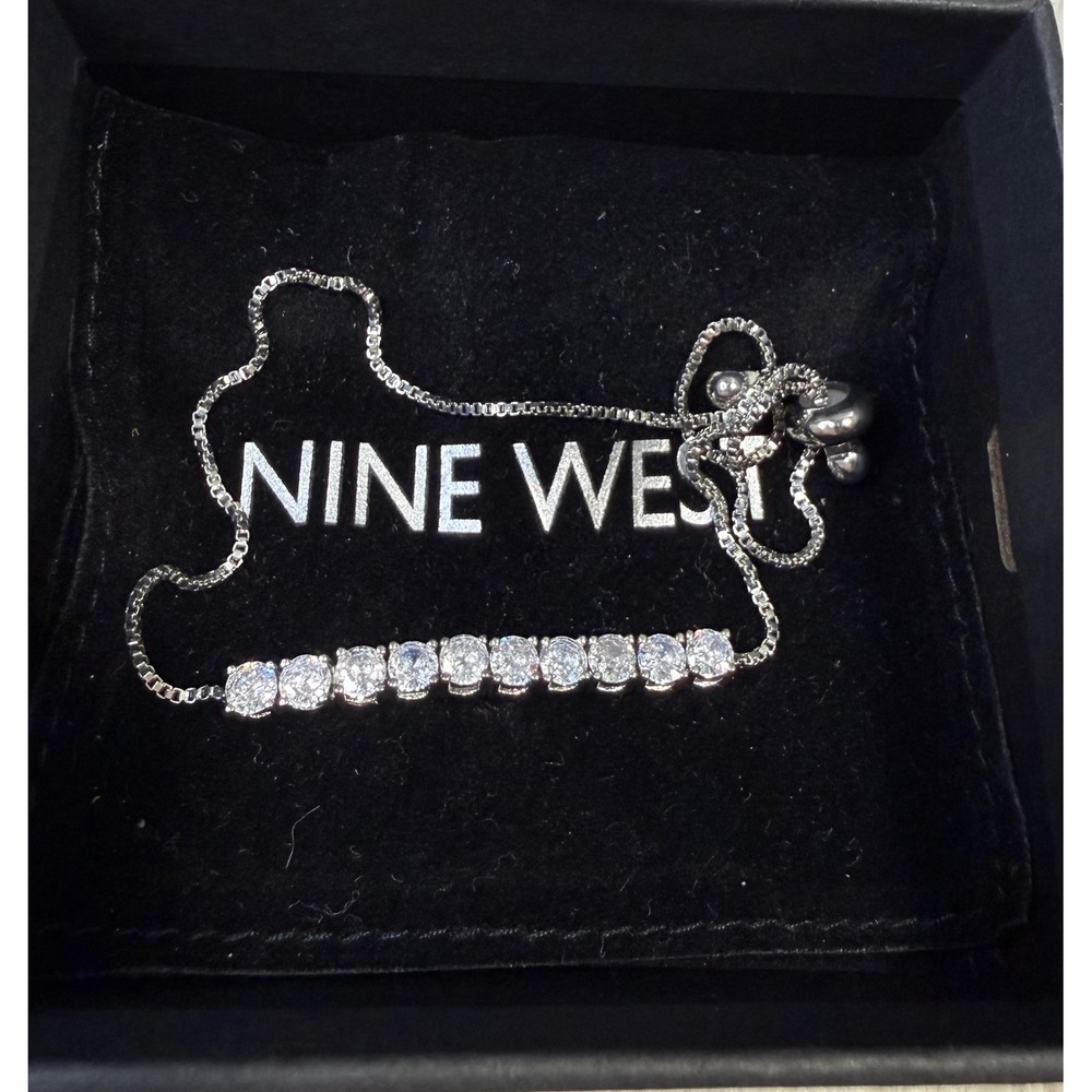 Nine West Silver Tone Crystal Tennis Bolo Bracelet Adjustable Box Chain NIB